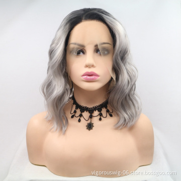 Vigorous ombre short bob premium high quality curly wholesale black women synthetic hair wigs with lace front